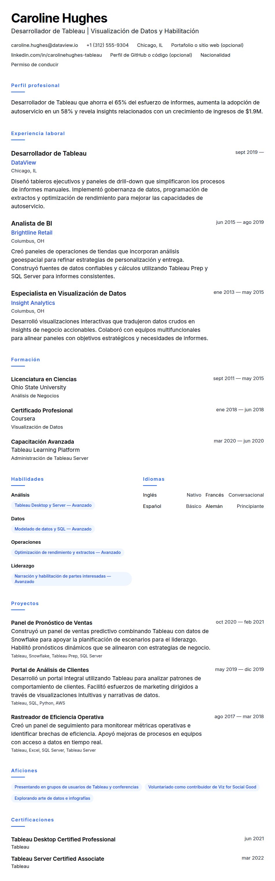 Vista previa del currículum Ejemplo de Currículum de Desarrollador de Tableau