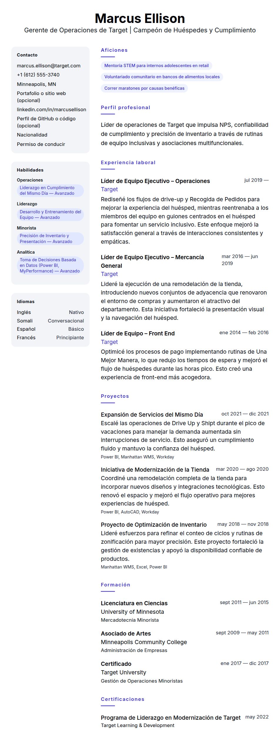 Ejemplo de Currículum de Gerente de Operaciones de Target