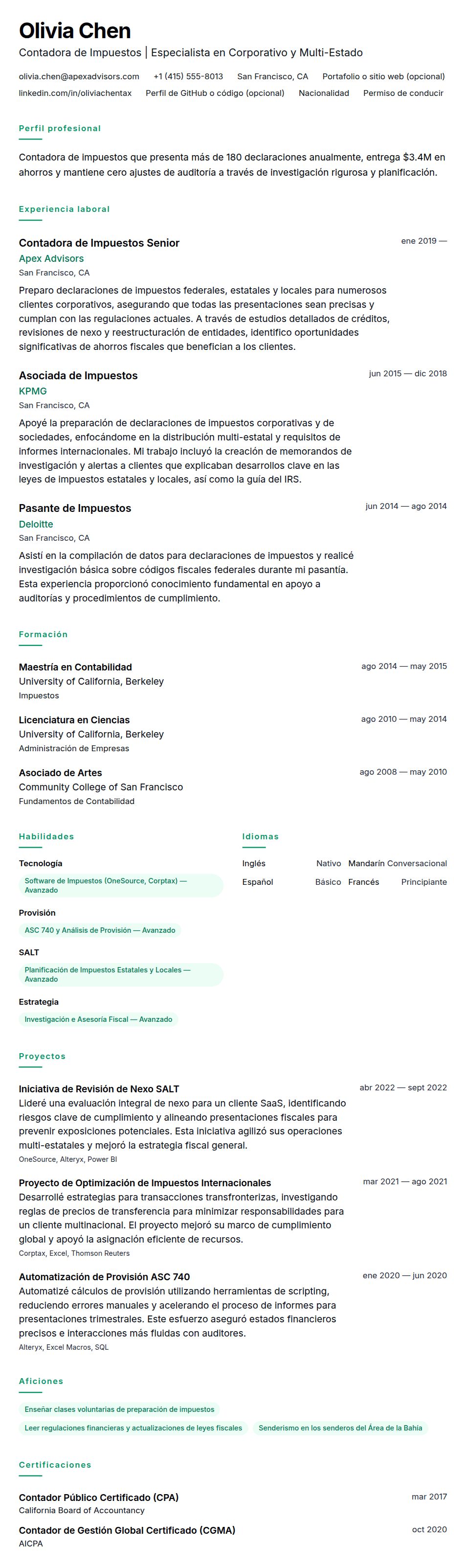 Vista previa del currículum Ejemplo de Currículum de Contador de Impuestos
