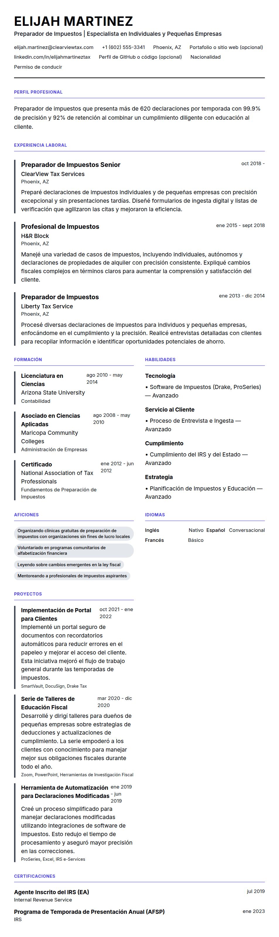 Vista previa del currículum Ejemplo de Currículum de Preparador de Impuestos