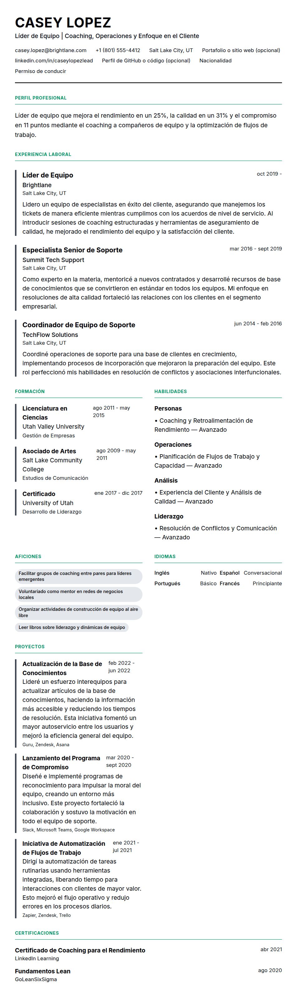 Ejemplo de Currículum de Líder de Equipo