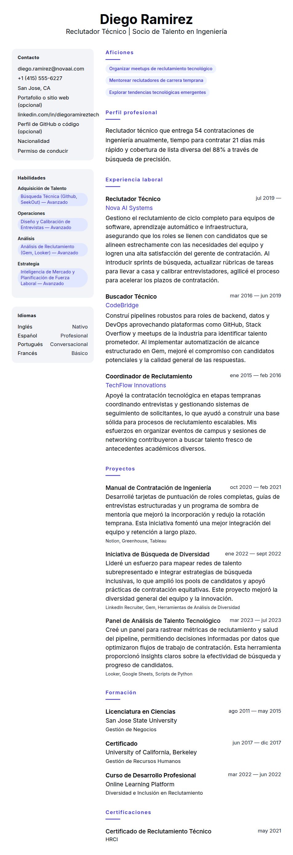 Vista previa del currículum Ejemplo de Currículum de Reclutador Técnico