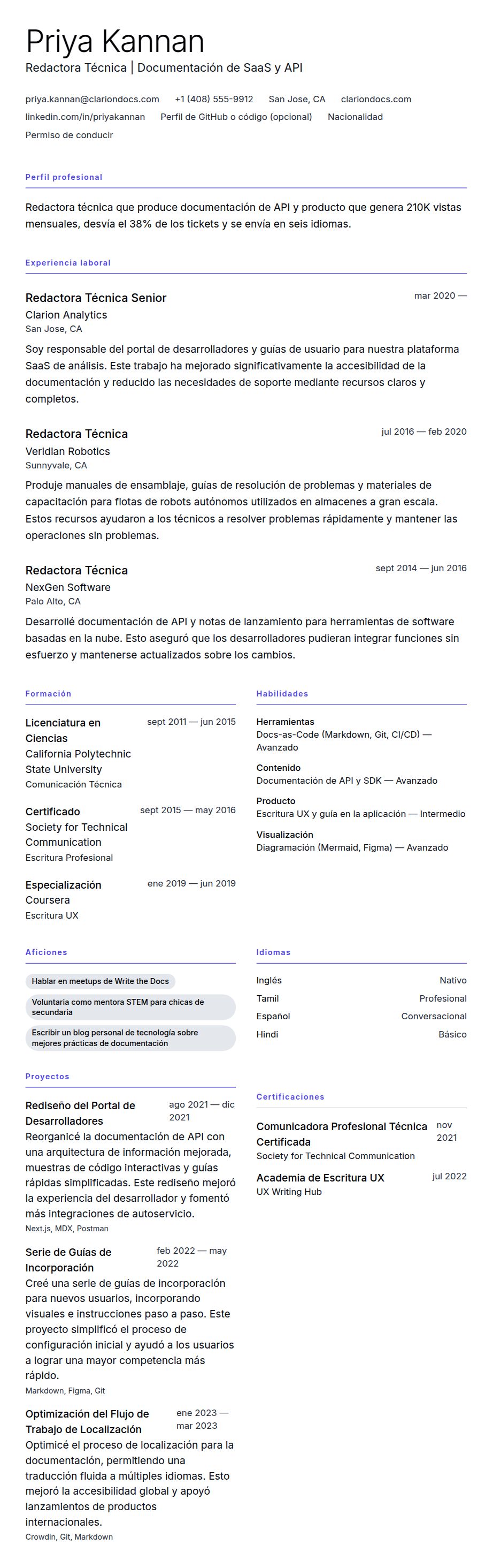 Vista previa del currículum Ejemplo de Currículum de Redactor Técnico