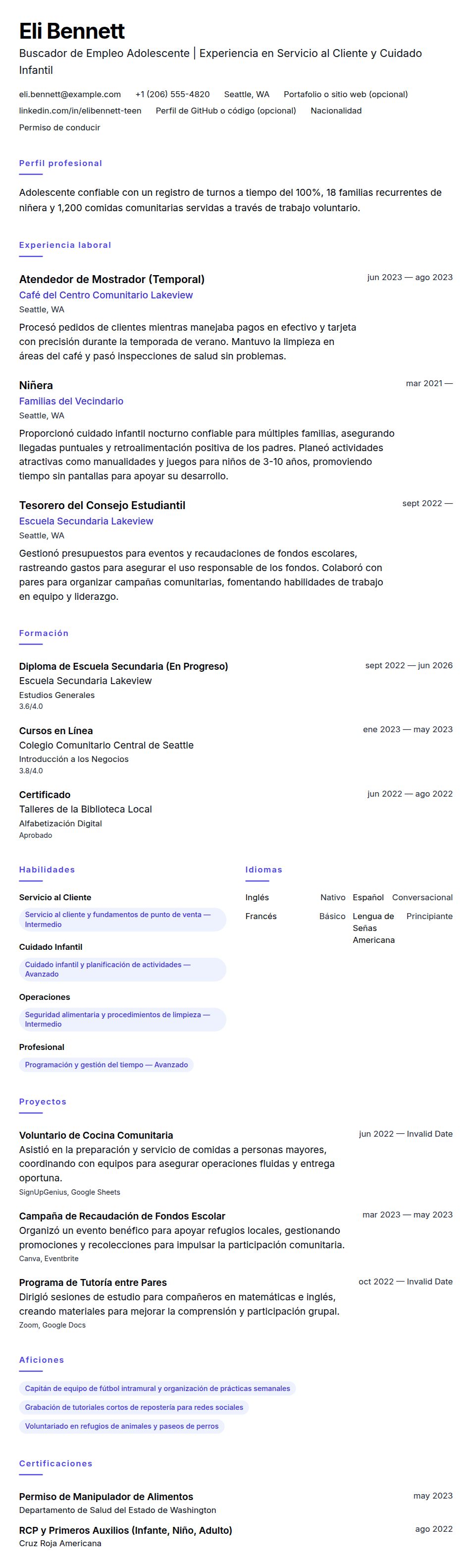 Vista previa del currículum Ejemplo de Currículum para Buscador de Empleo Adolescente