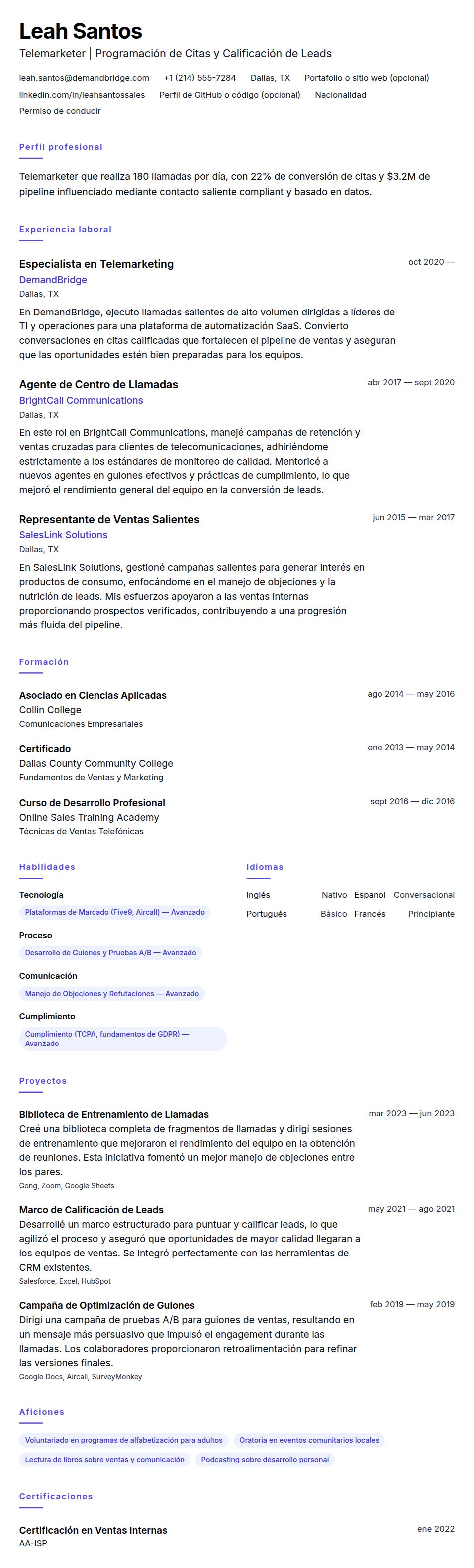 Vista previa del currículum Ejemplo de Currículum de Telemarketer