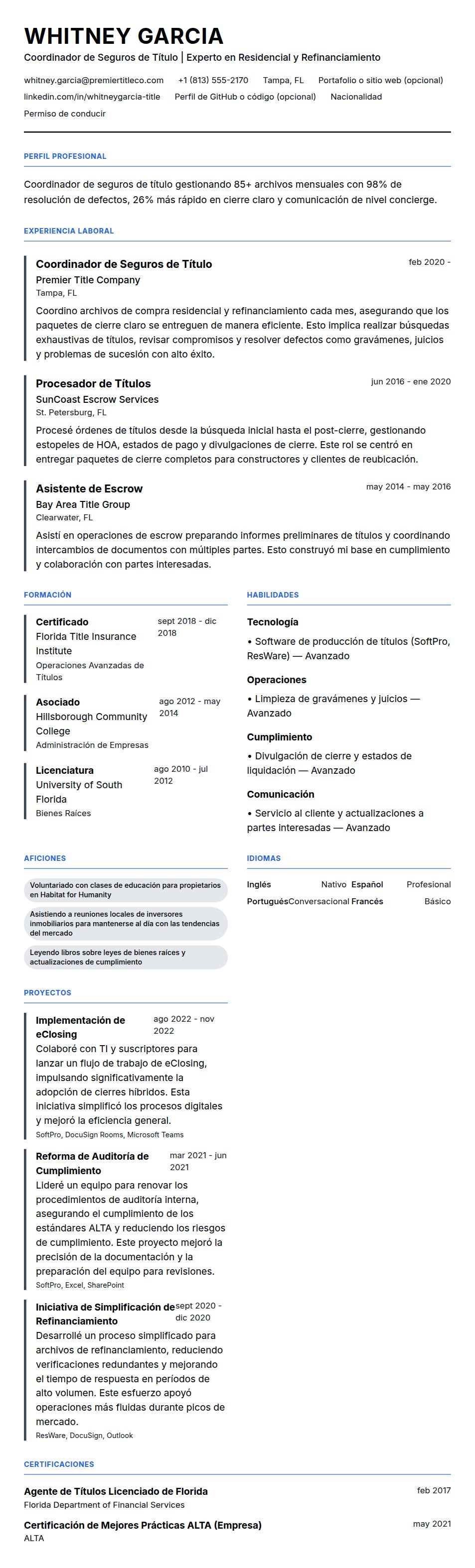 Ejemplo de Currículum de Coordinador de Seguros de Título