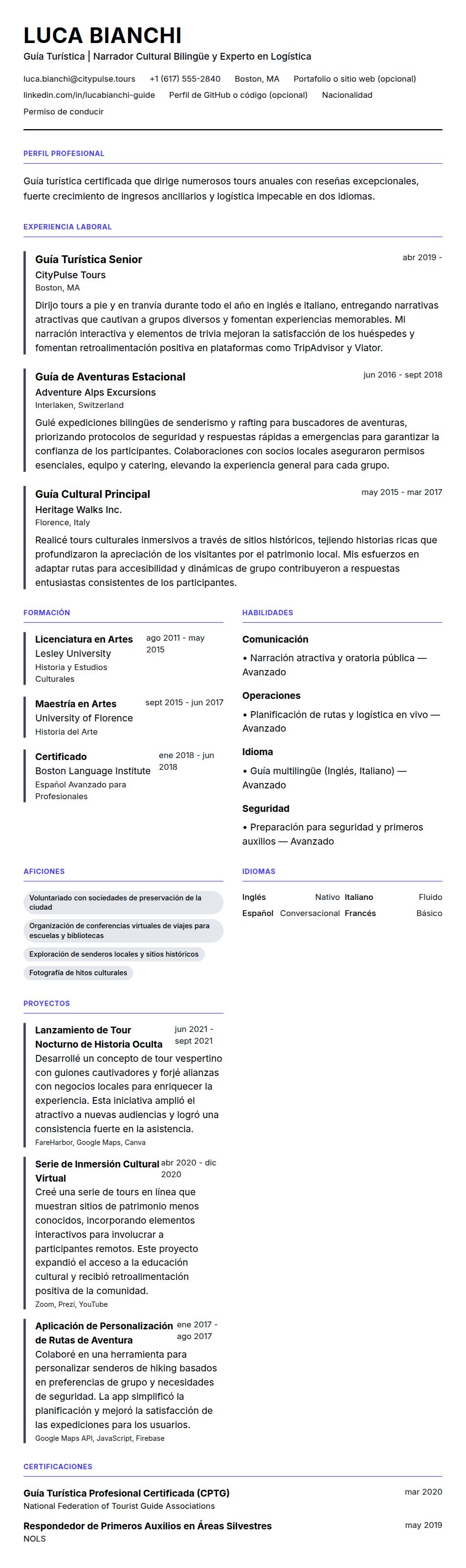 Vista previa del currículum Ejemplo de Currículum de Guía Turística