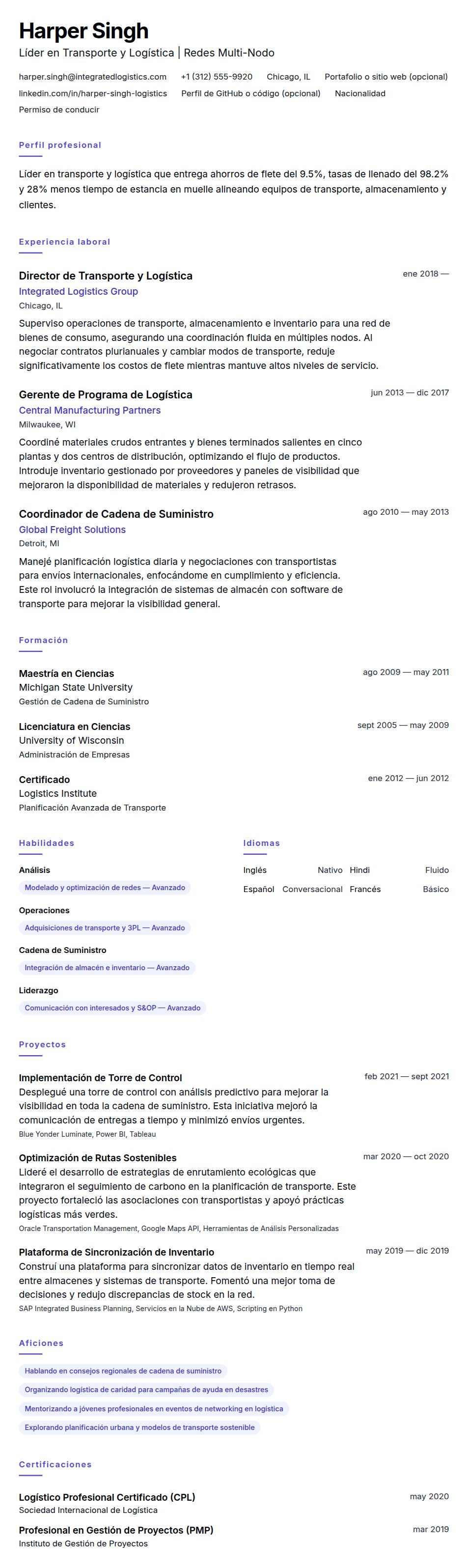 Vista previa del currículum Ejemplo de Currículum de Profesional en Transporte y Logística