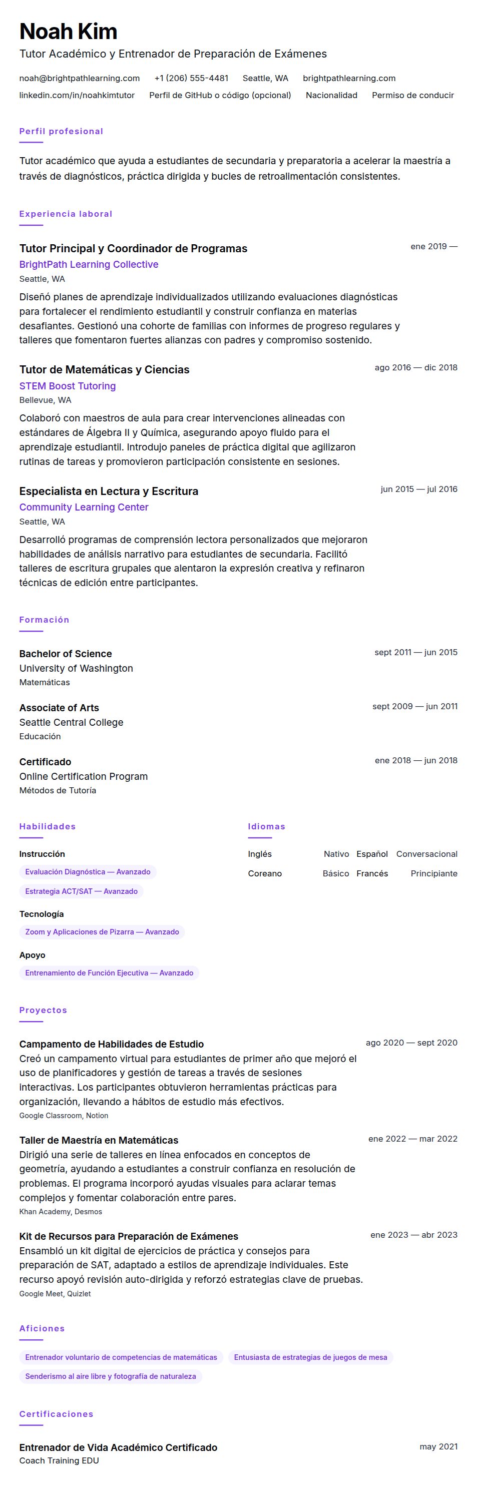 Vista previa del currículum Ejemplo de Currículum de Tutor