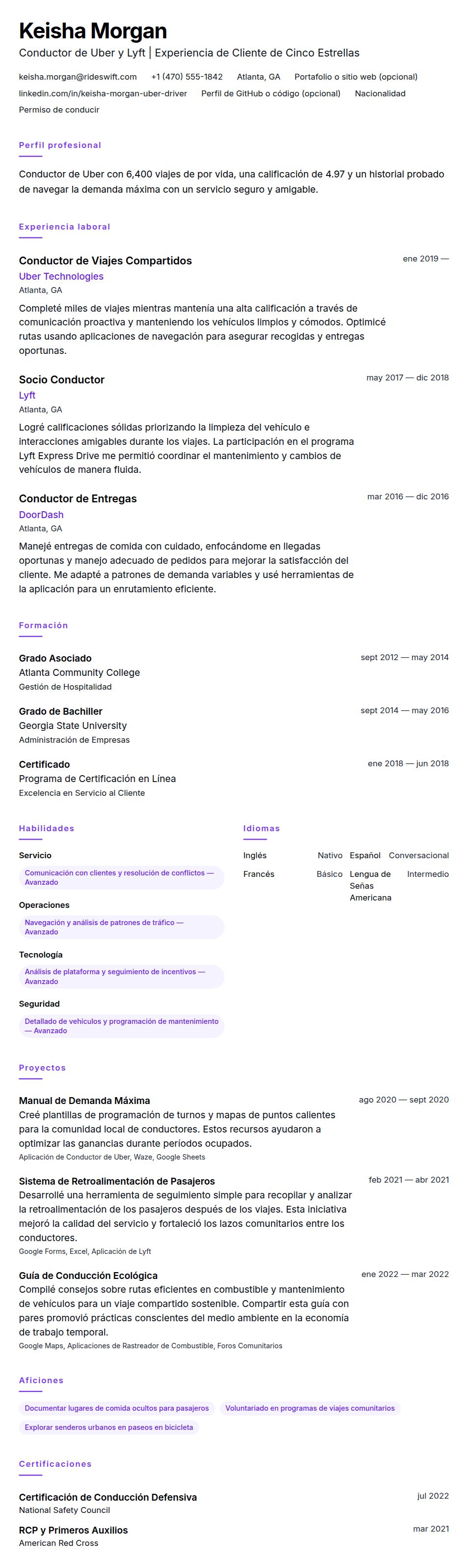 Vista previa del currículum Ejemplo de Currículum de Conductor de Uber