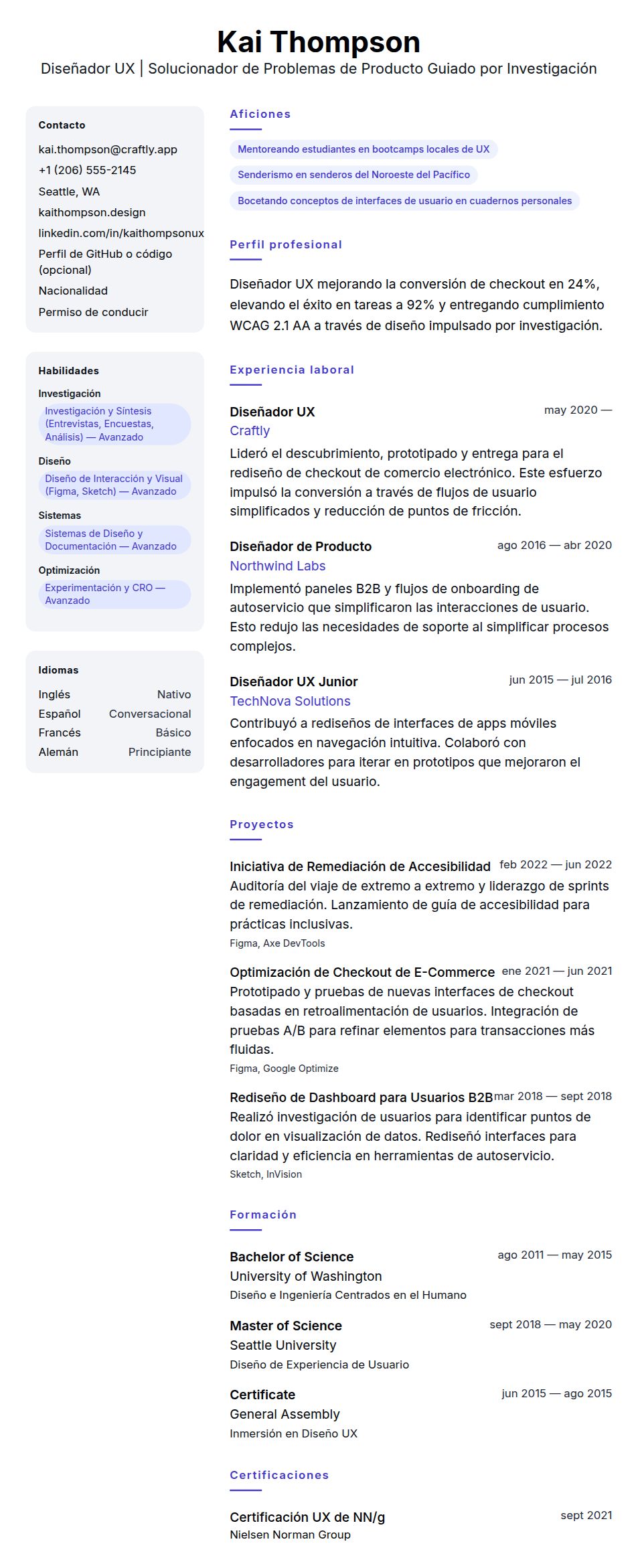 Ejemplo de Currículum de Diseñador UX