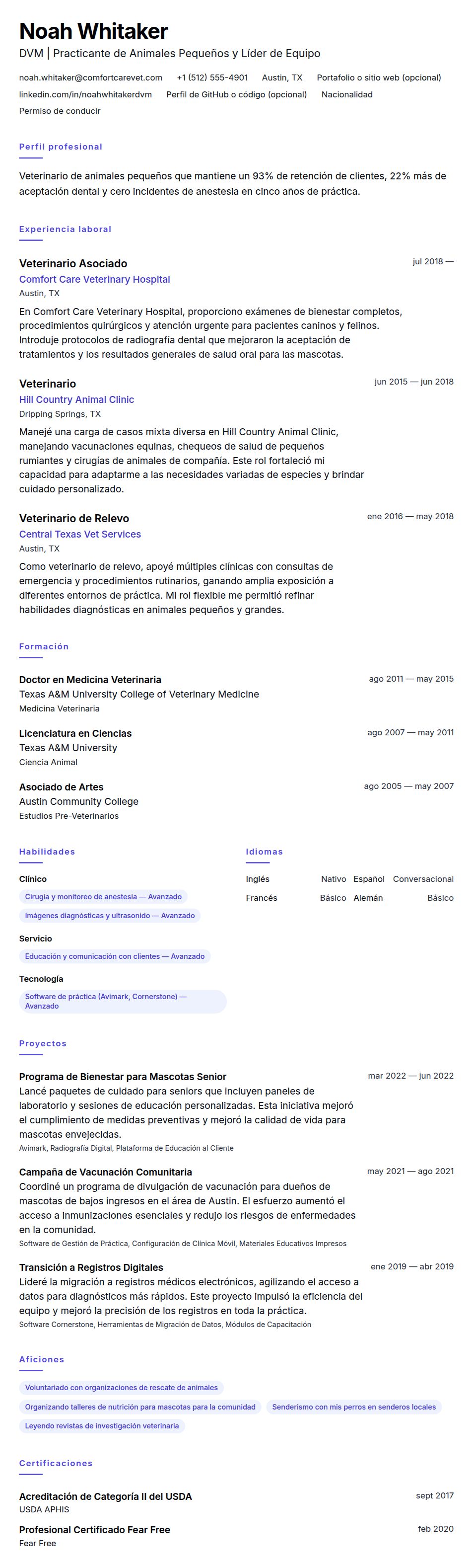 Vista previa del currículum Ejemplo de Currículum de Veterinario