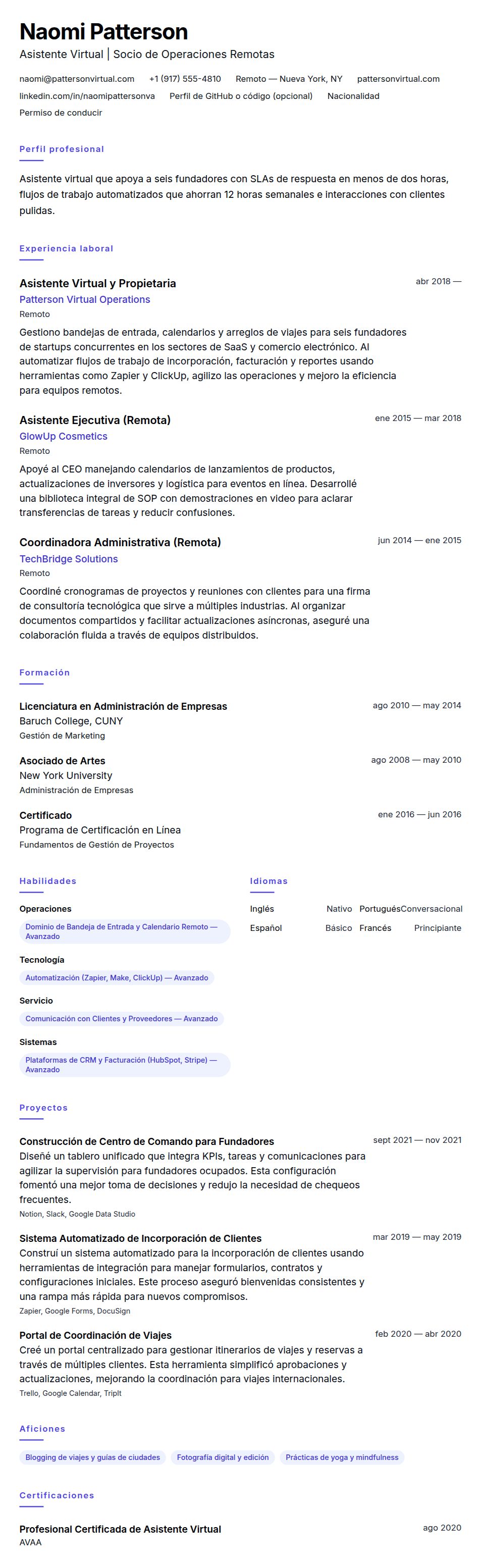 Vista previa del currículum Ejemplo de Currículum de Asistente Virtual