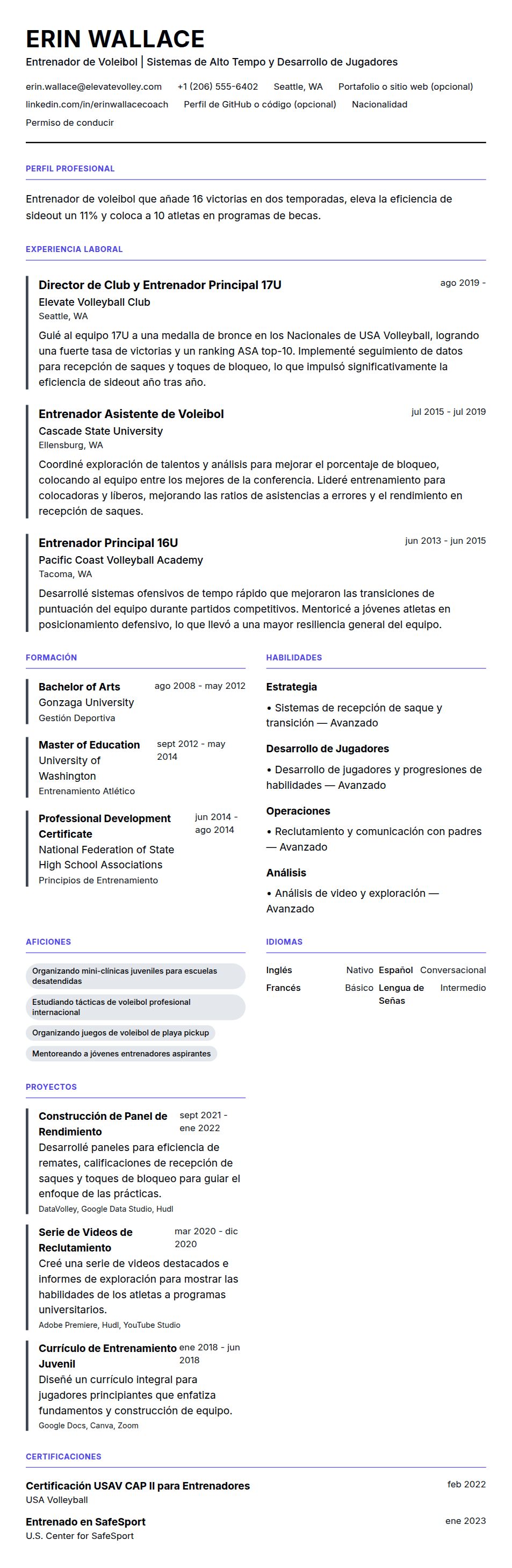 Vista previa del currículum Ejemplo de Currículum de Entrenador de Voleibol