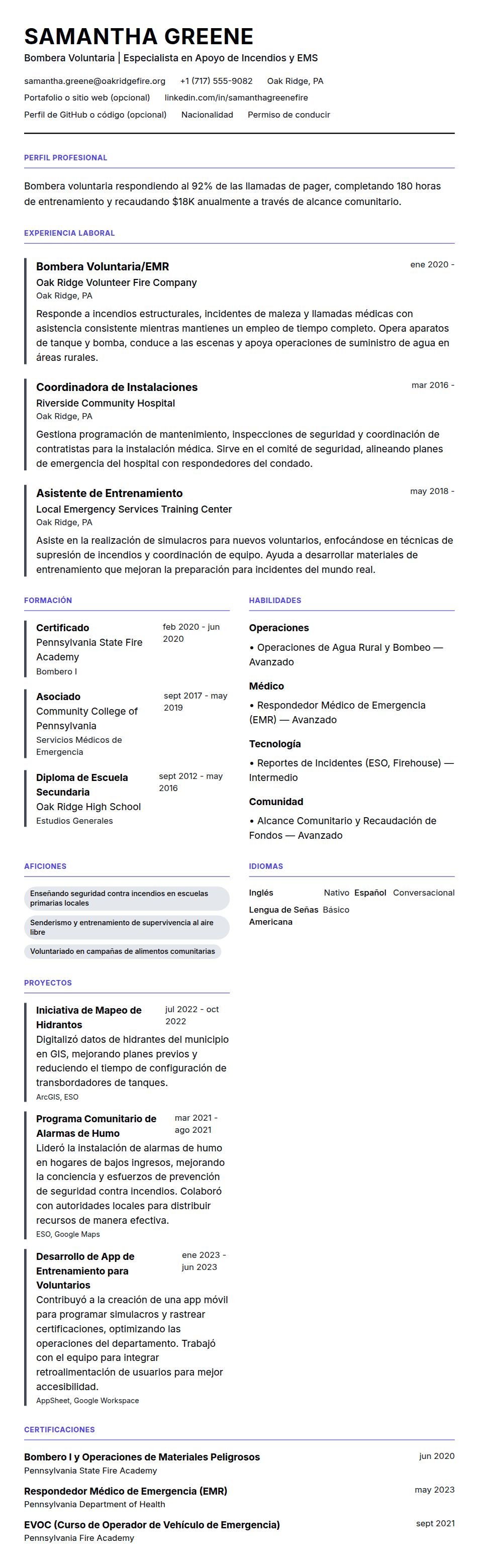 Vista previa del currículum Ejemplo de Currículum de Bombero Voluntario