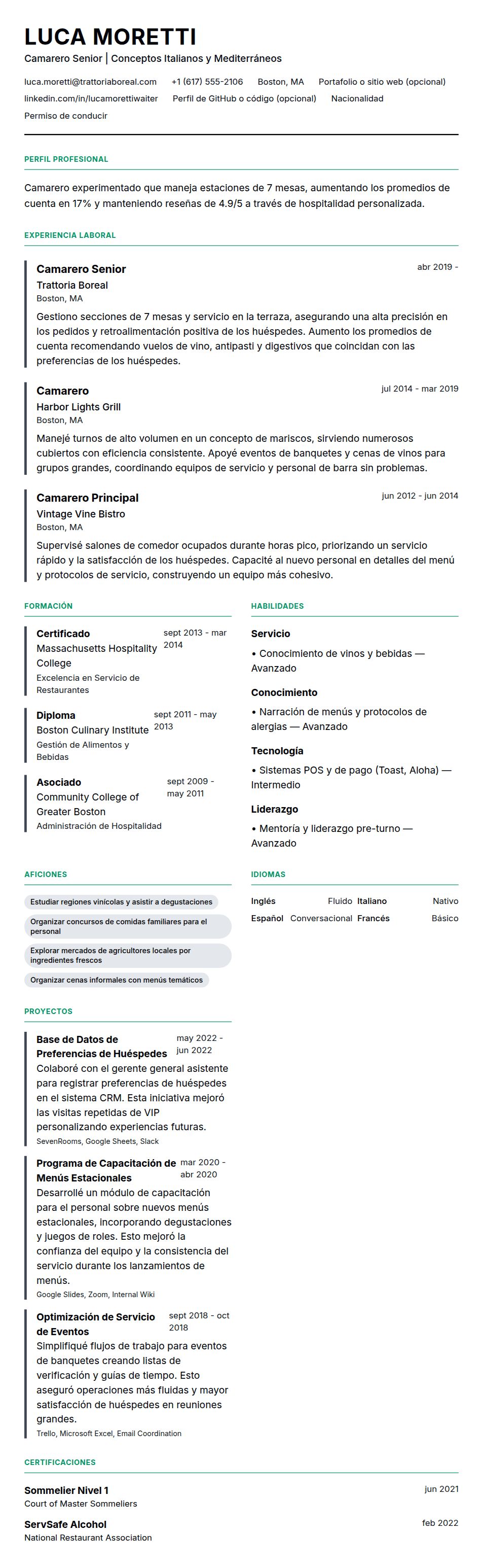 Vista previa del currículum Ejemplo de Currículum de Camarero