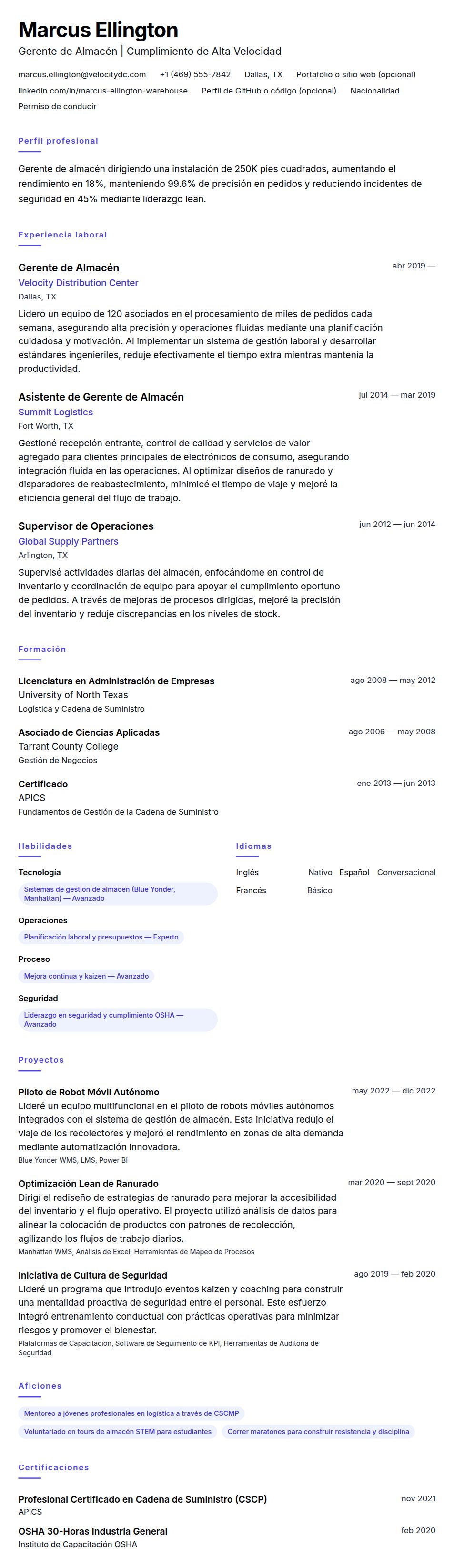 Vista previa del currículum Ejemplo de Currículum de Gerente de Almacén