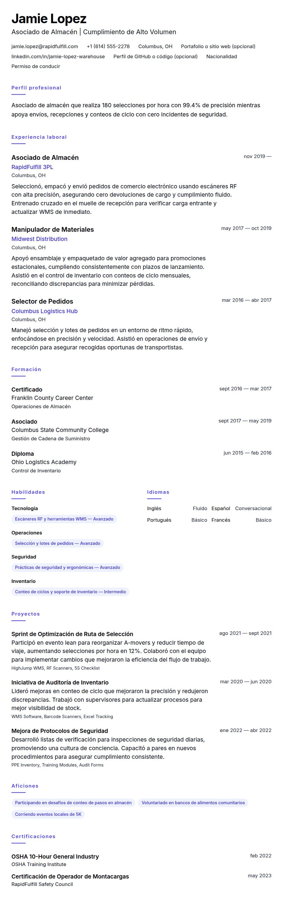 Ejemplo de Currículum de Trabajador de Almacén