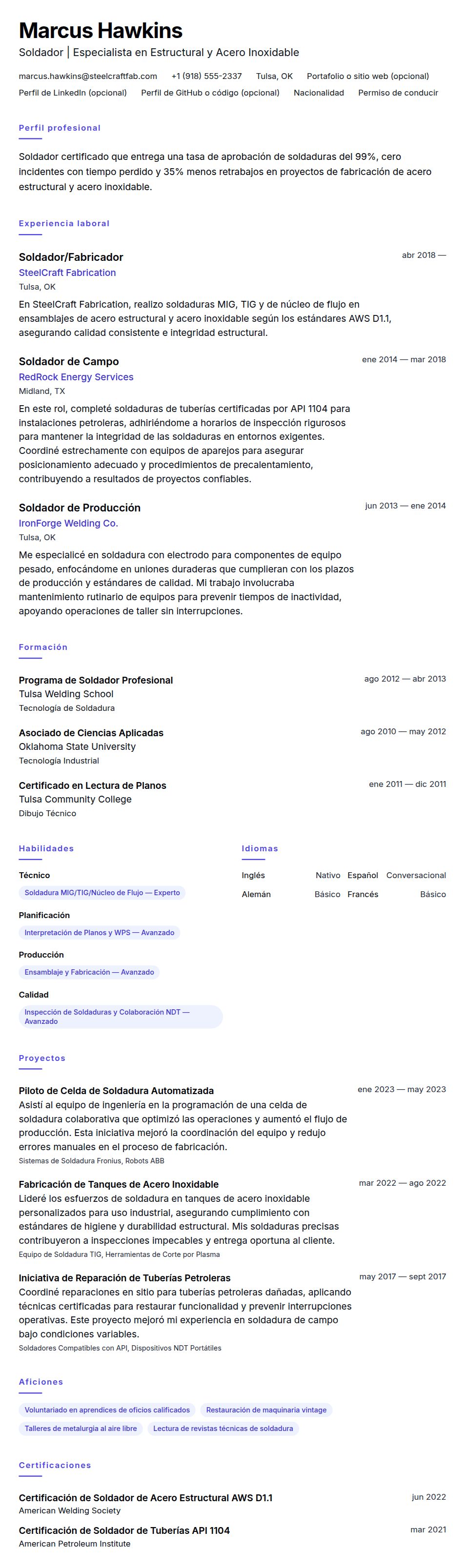 Vista previa del currículum Ejemplo de Currículum de Soldador