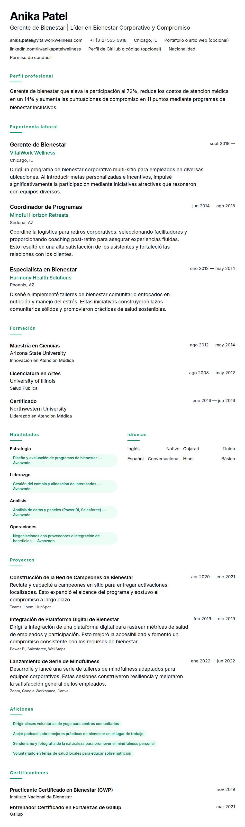 Vista previa del currículum Ejemplo de Currículum de Gerente de Bienestar
