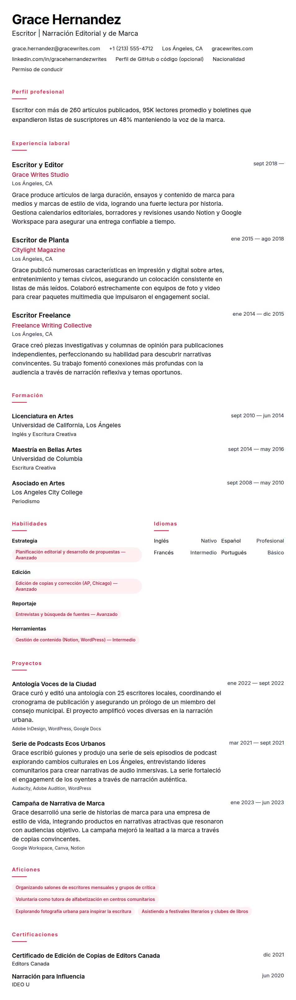 Vista previa del currículum Ejemplo de Currículum de Escritor