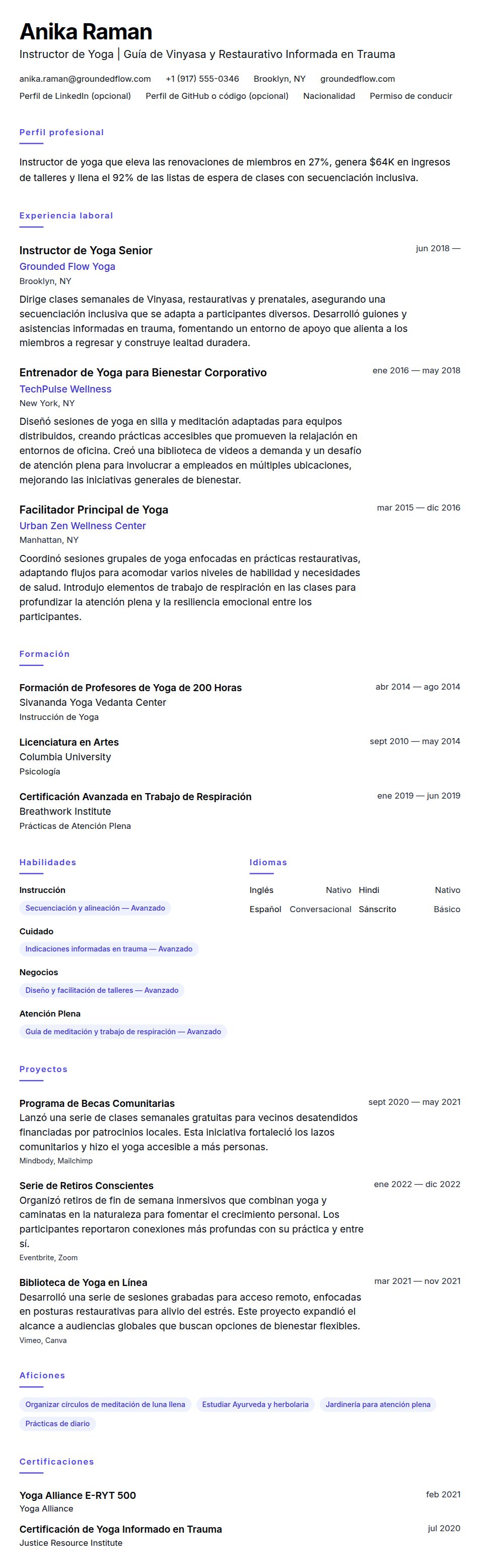 Vista previa del currículum Ejemplo de Currículum de Instructor de Yoga