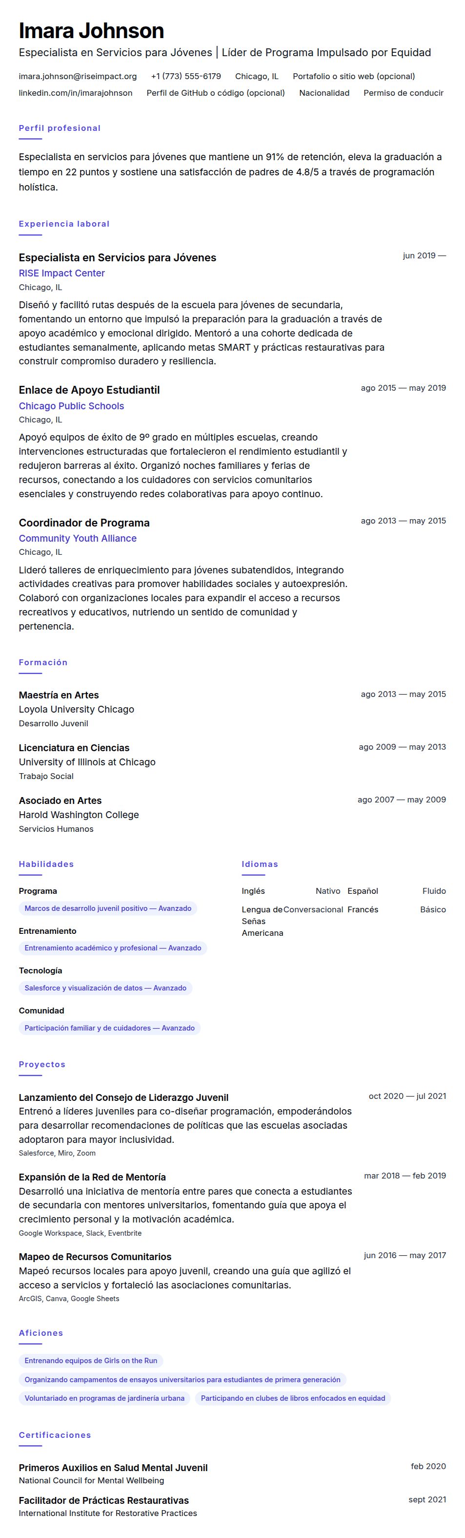 Vista previa del currículum Ejemplo de Currículum de Especialista en Servicios para Jóvenes