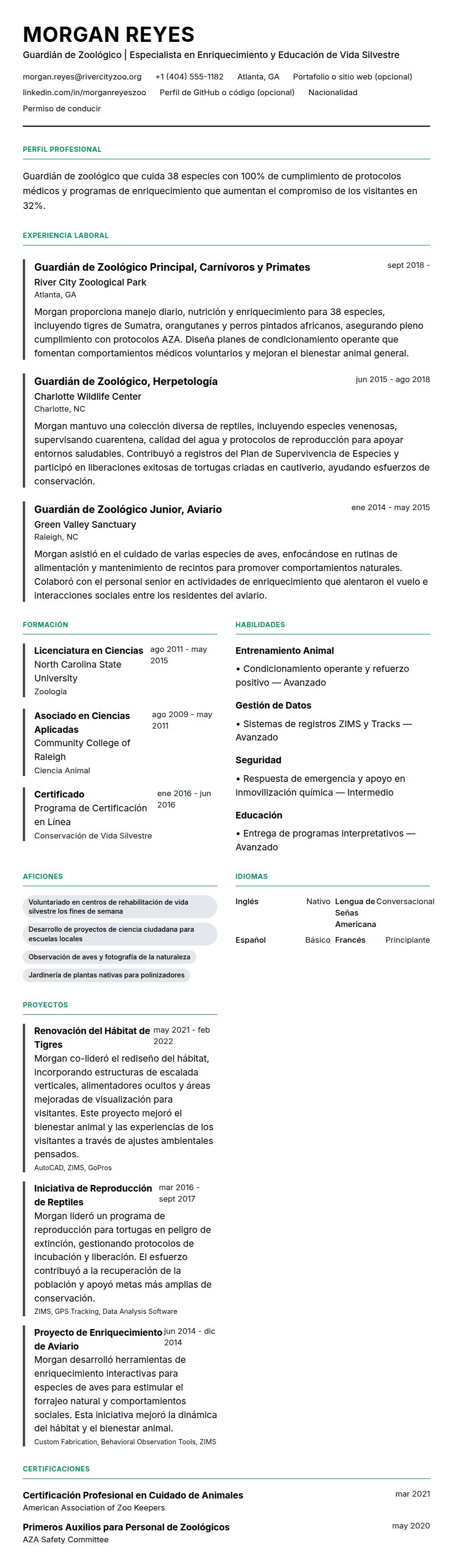 Vista previa del currículum Ejemplo de Currículum de Guardián de Zoológico