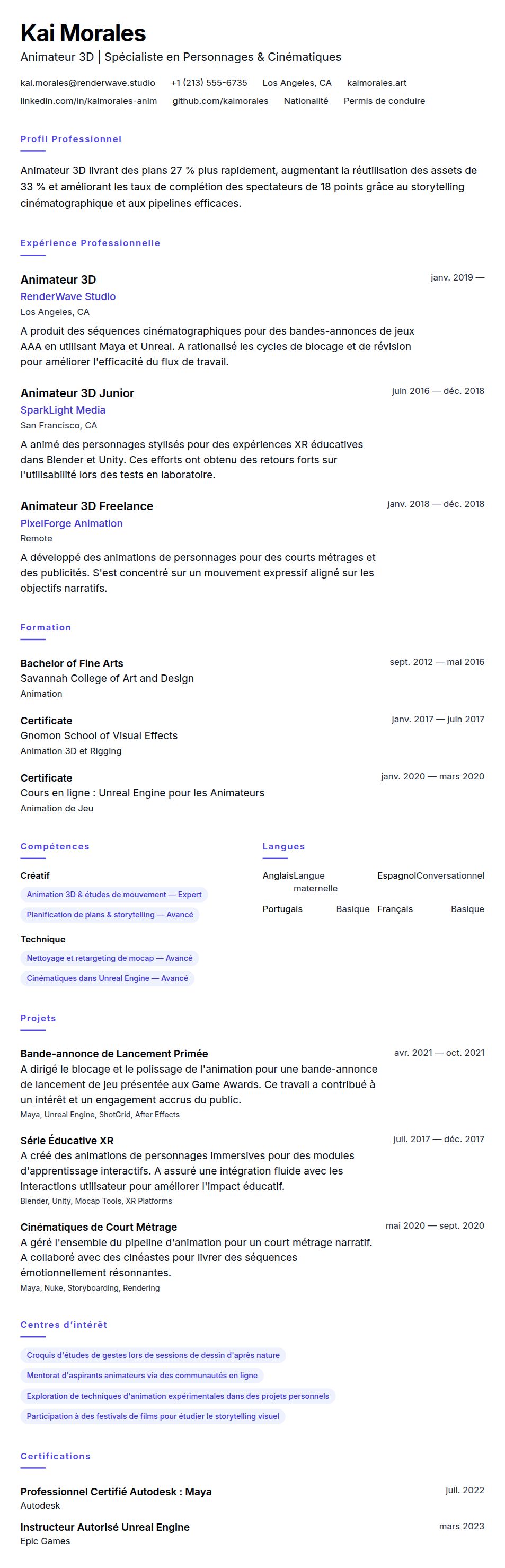 Exemple de CV d'Animateur 3D