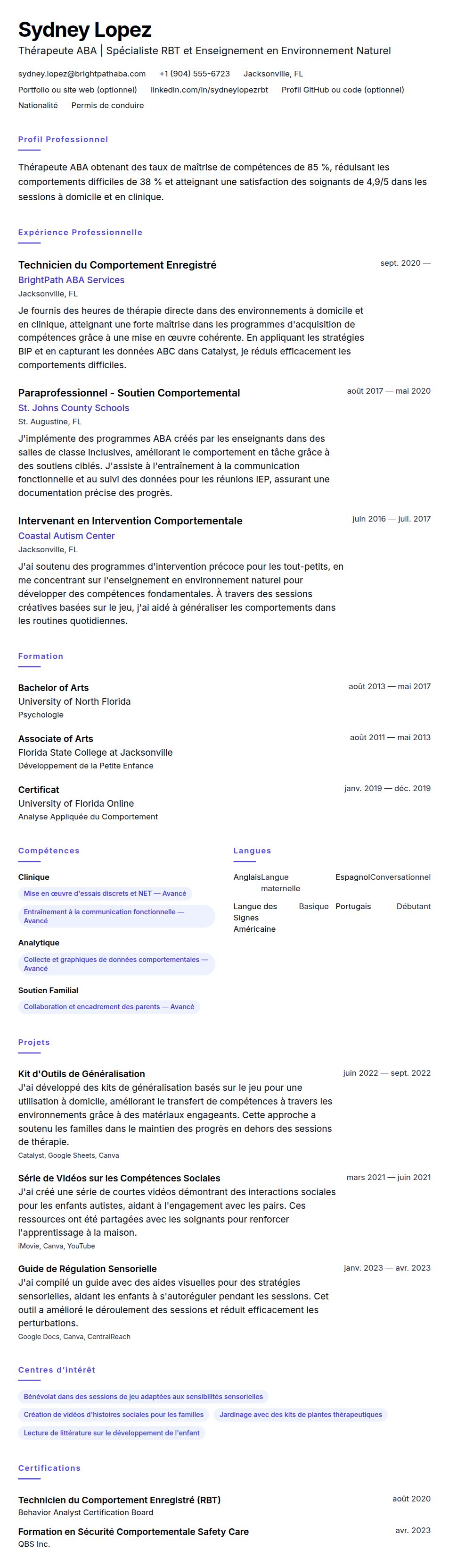 Aperçu du CV Exemple de CV de Thérapeute ABA