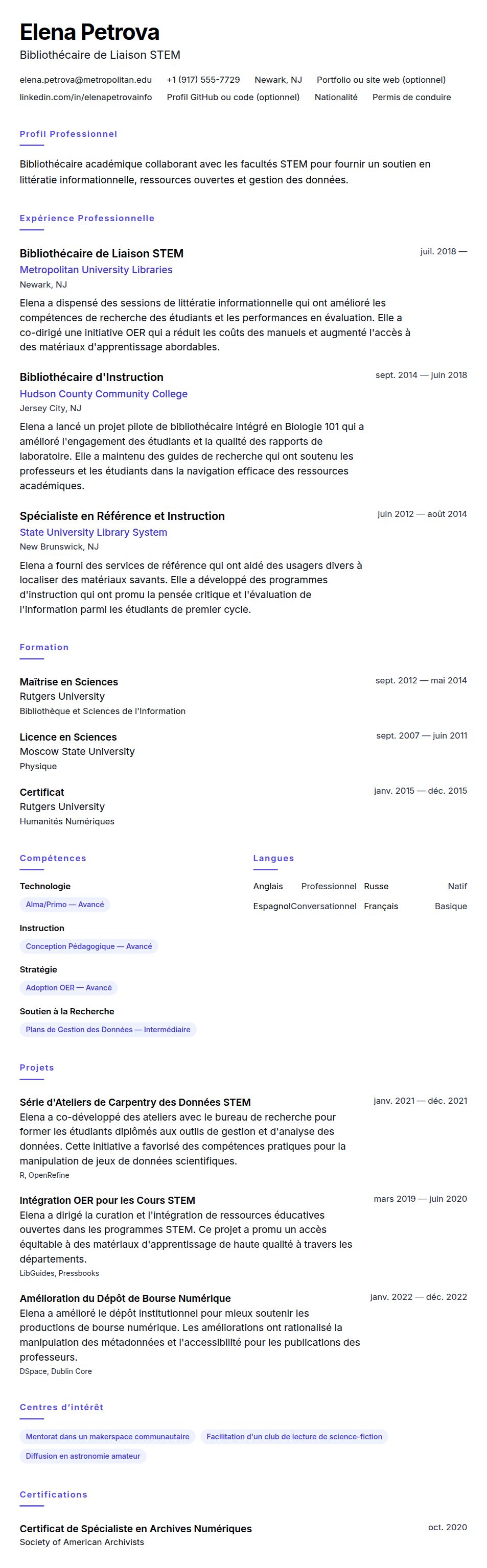 Aperçu du CV Exemple de CV de Bibliothécaire Académique