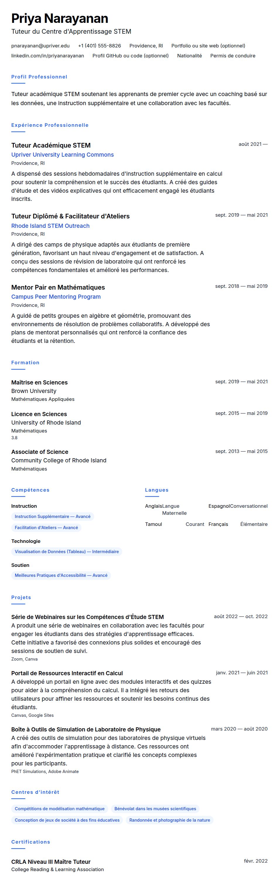 Aperçu du CV Exemple de CV de Tuteur Académique