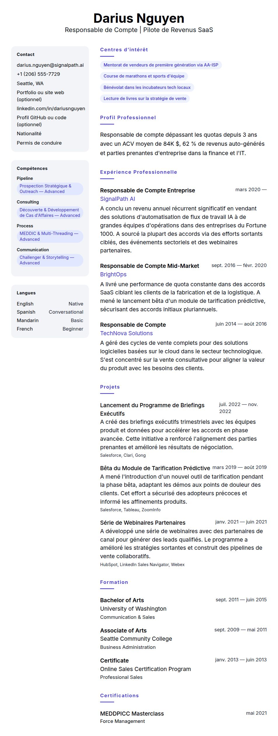 Aperçu du CV Exemple de CV de Responsable de Compte