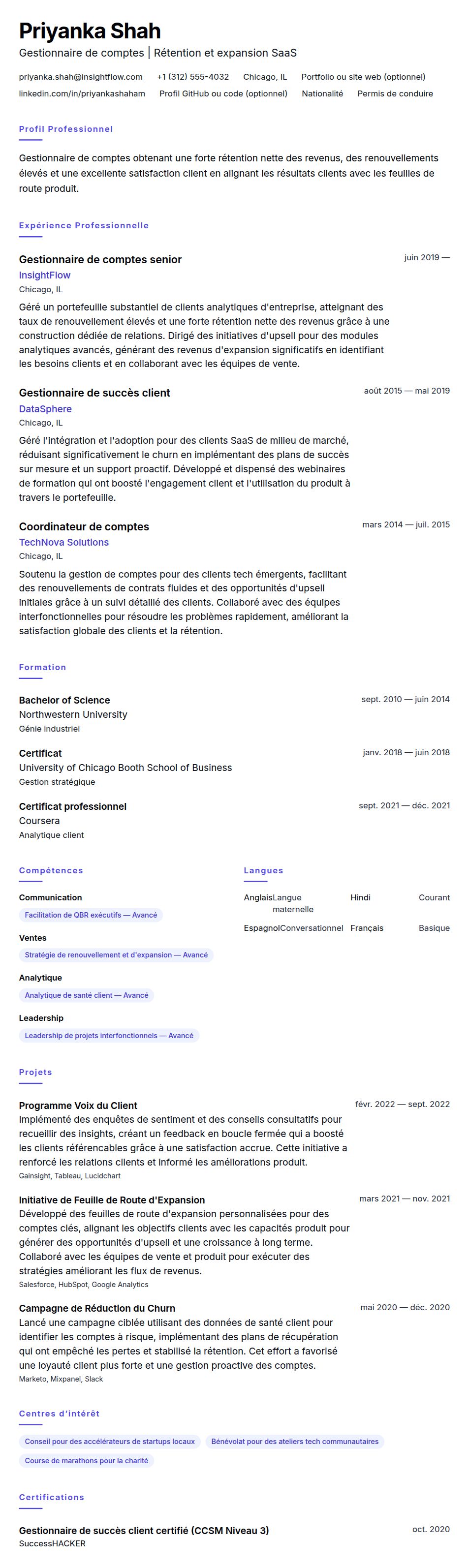 Aperçu du CV Exemple de CV de Gestionnaire de comptes