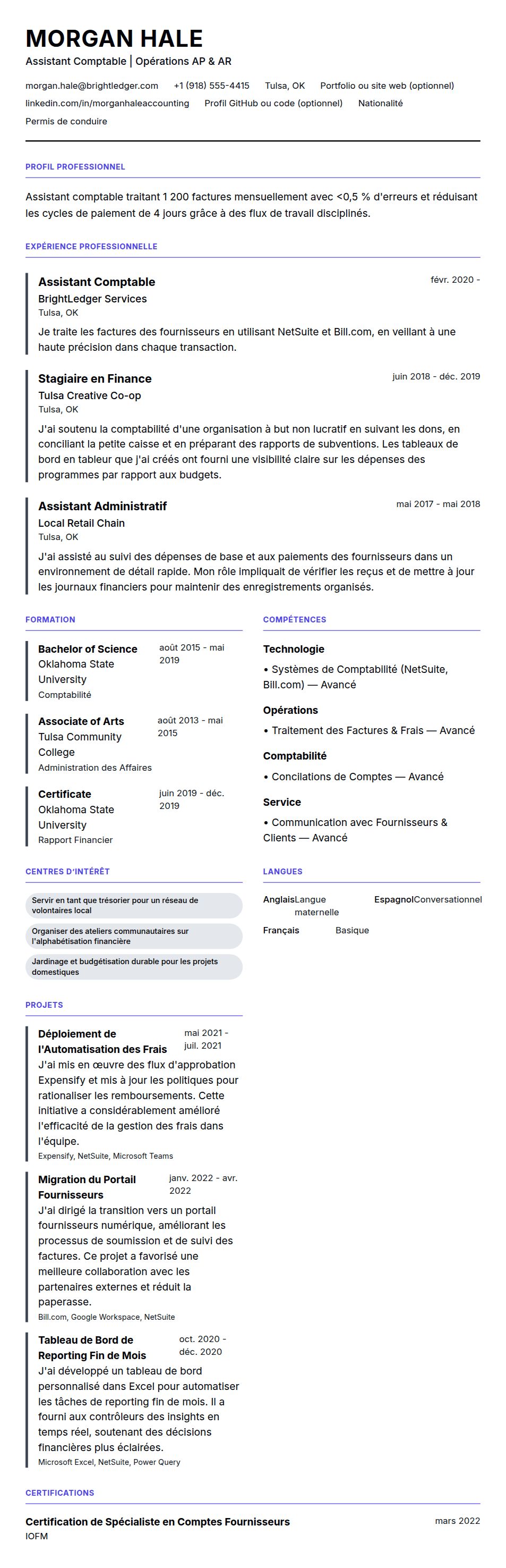 Aperçu du CV Exemple de CV d'Assistant Comptable