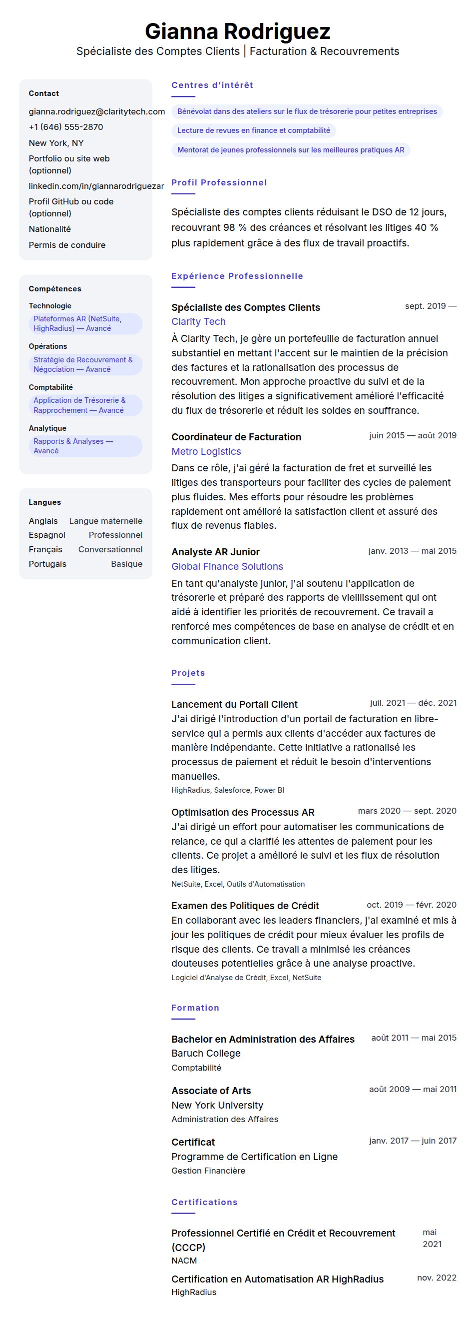 Aperçu du CV Exemple de CV de Spécialiste des Comptes Clients