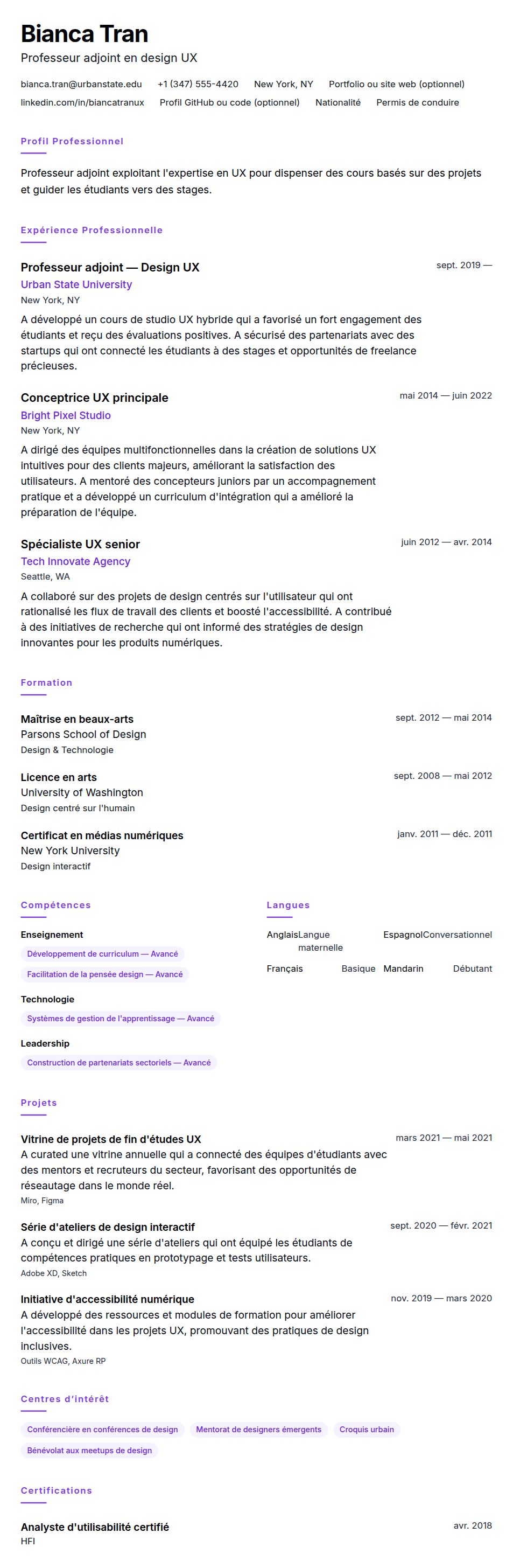 Aperçu du CV Exemple de CV de Professeur adjoint