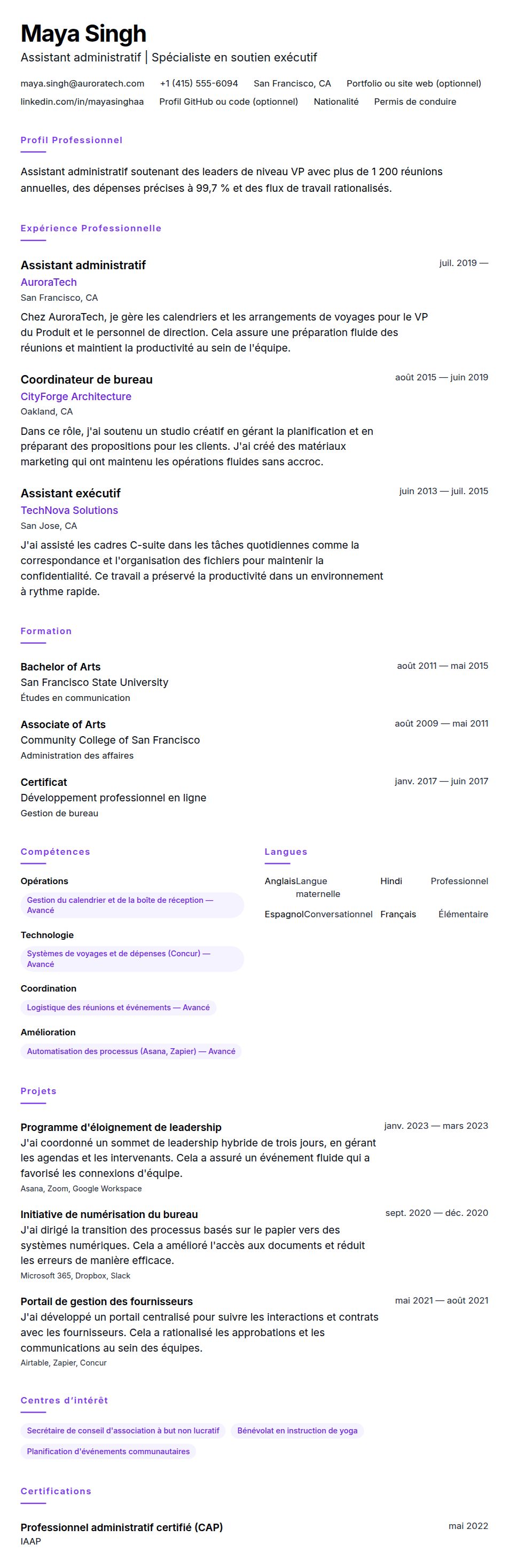 Exemple de CV d'Assistant administratif