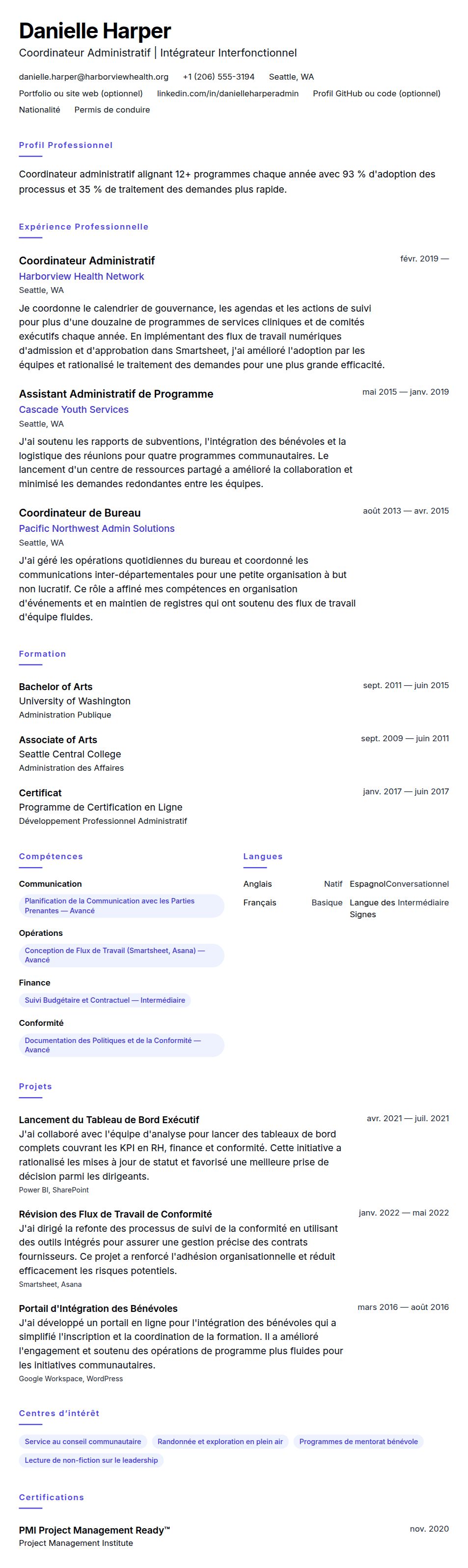 Aperçu du CV Exemple de CV de Coordinateur Administratif
