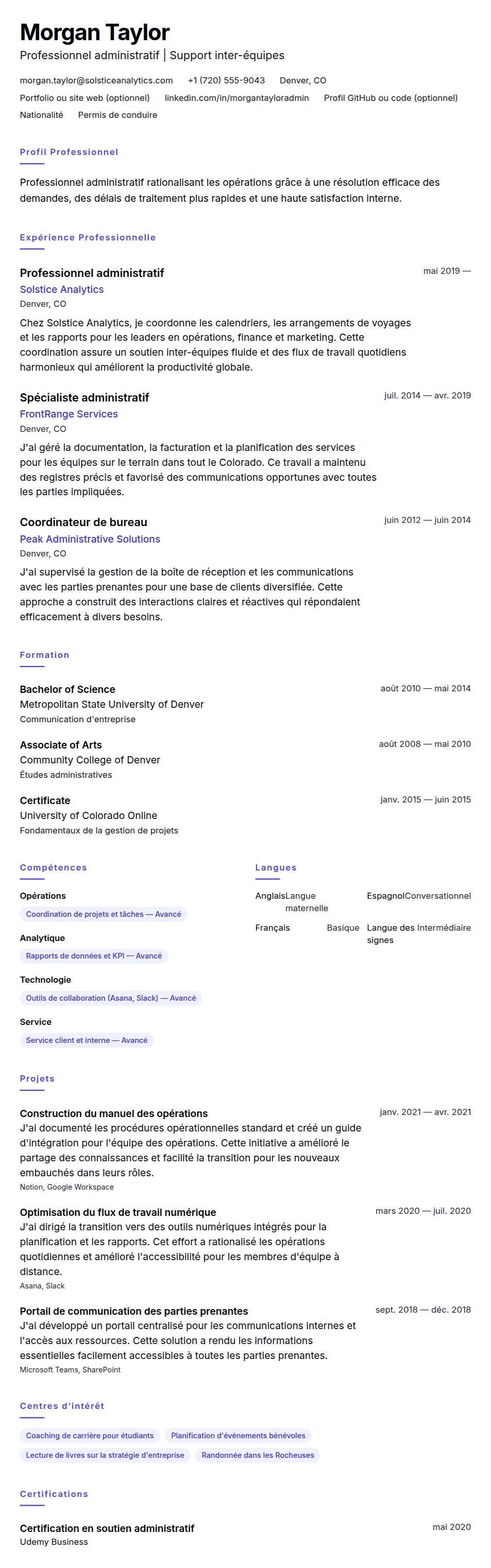 Aperçu du CV Exemple de CV de professionnel administratif