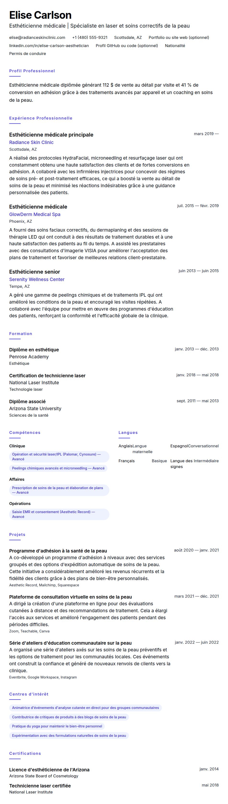 Aperçu du CV Exemple de CV d'Esthéticienne médicale