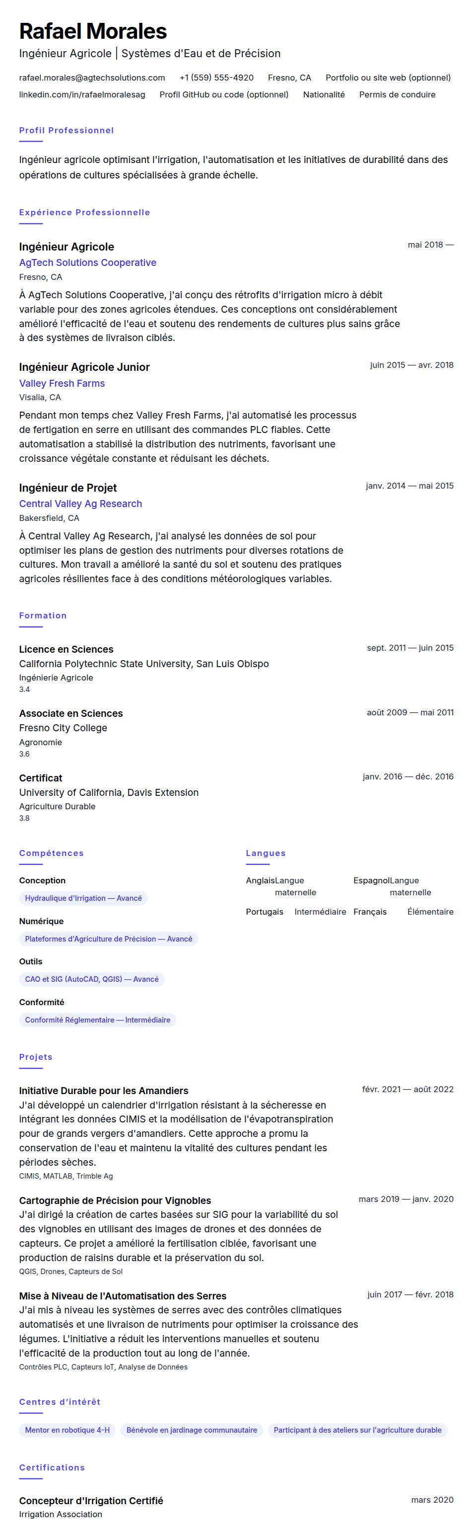 Exemple de CV d'Ingénieur Agricole