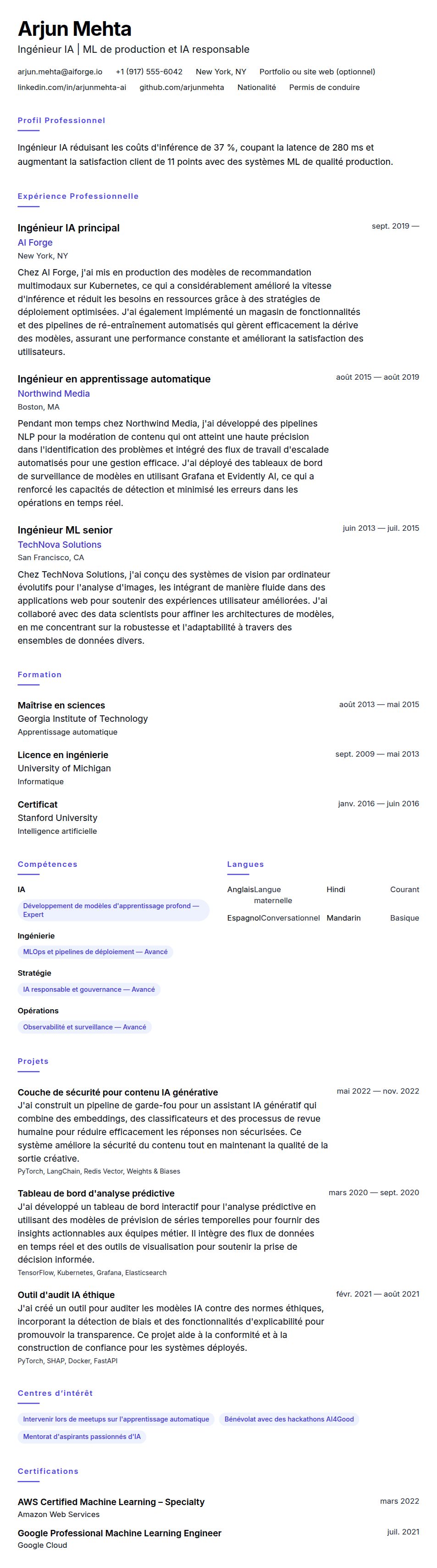 Aperçu du CV Exemple de CV d'Ingénieur IA