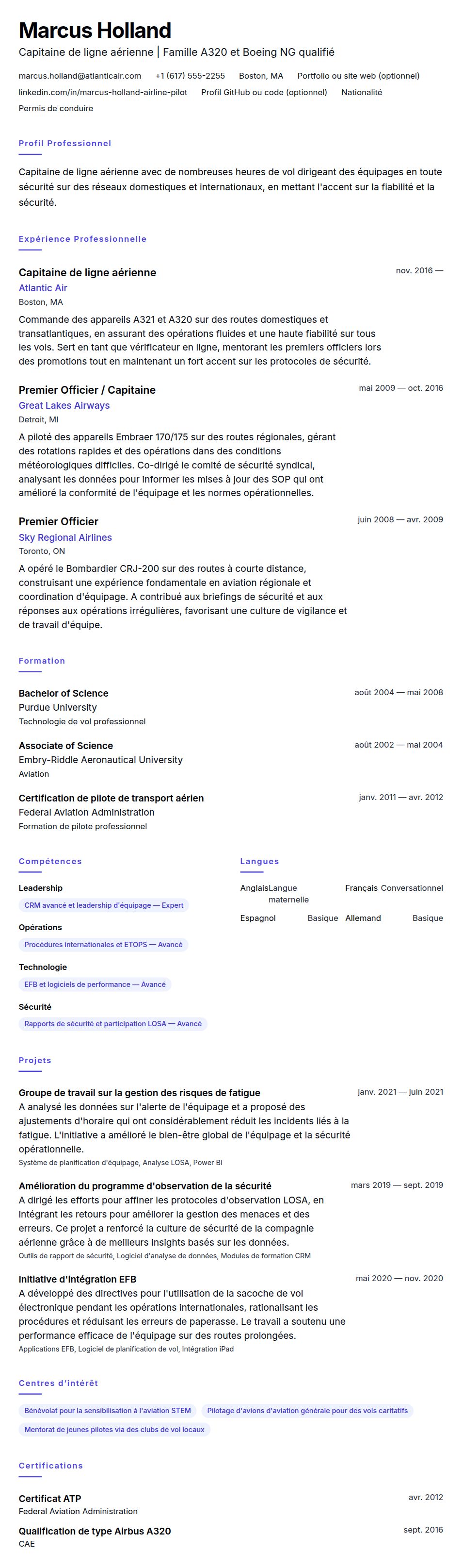 Exemple de CV de Pilote de ligne aérienne