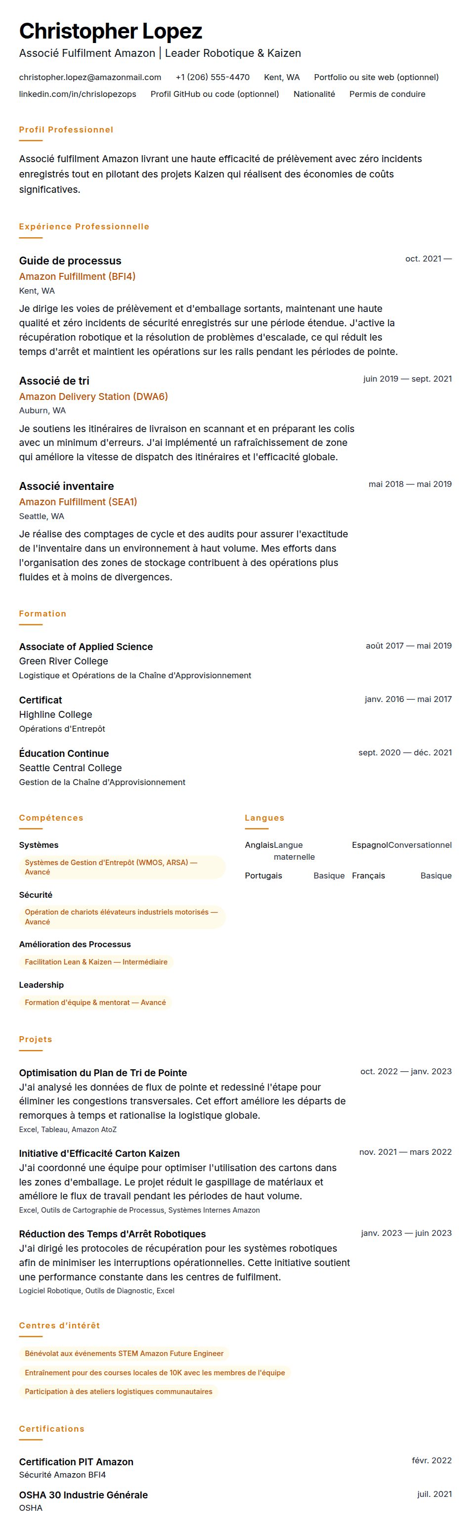 Aperçu du CV Exemple de CV d'Associé Amazon