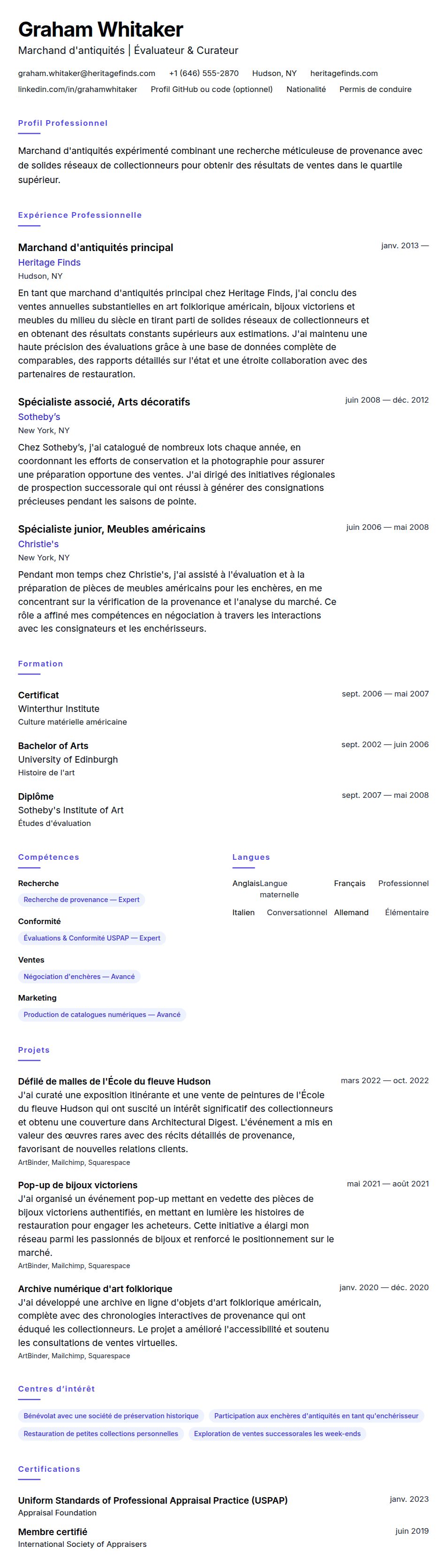Aperçu du CV Exemple de CV pour Marchand d'Antiquités