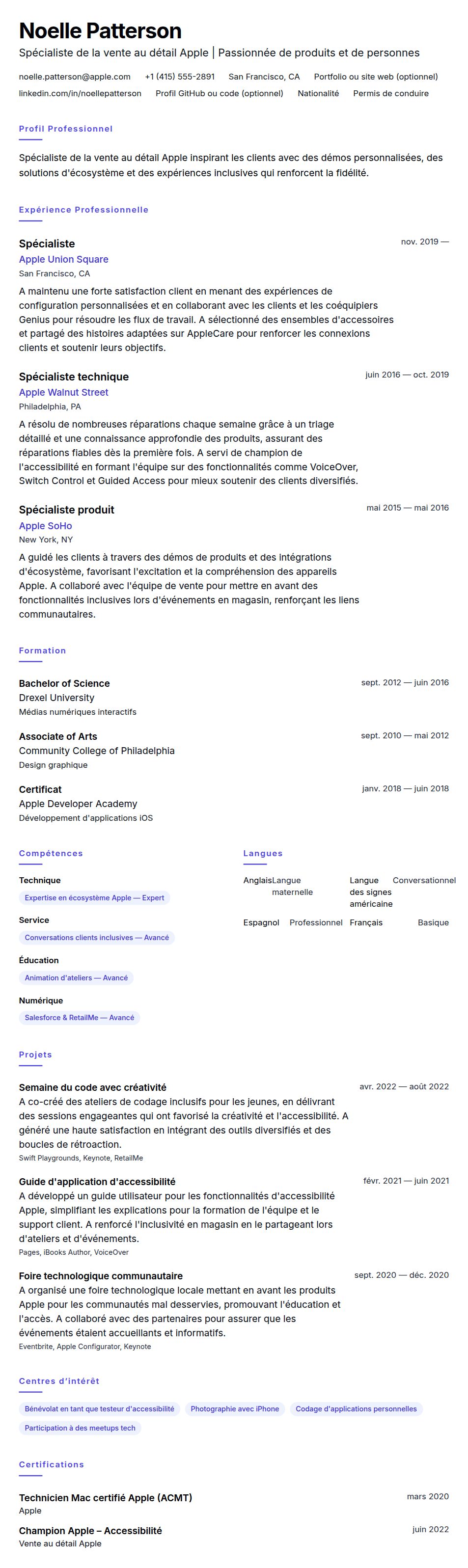 Aperçu du CV Exemple de CV de Spécialiste de la vente au détail Apple