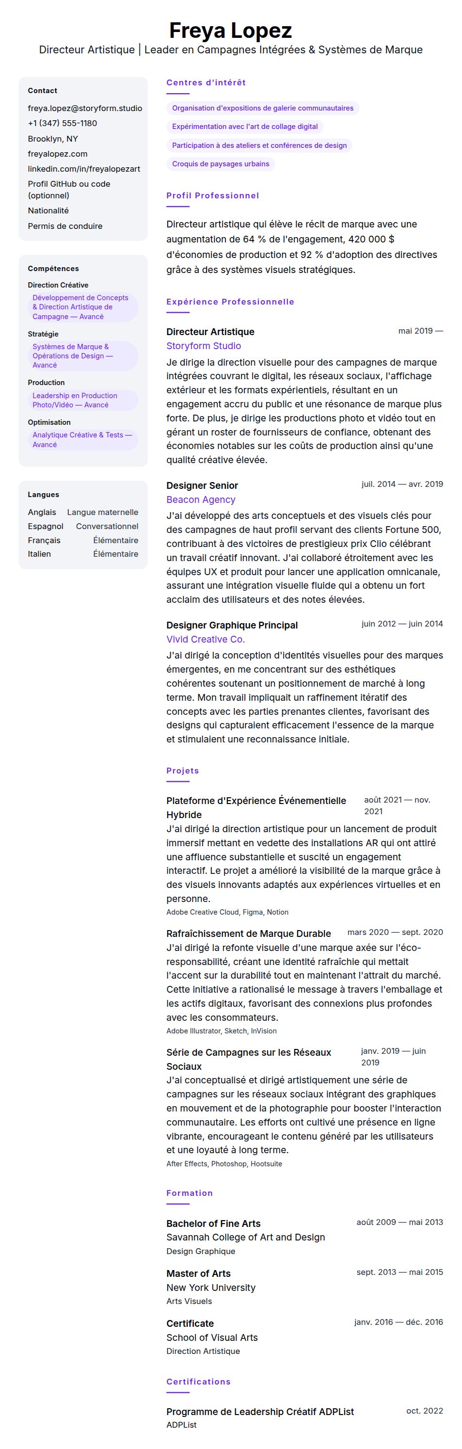 Exemple de CV de Directeur Artistique