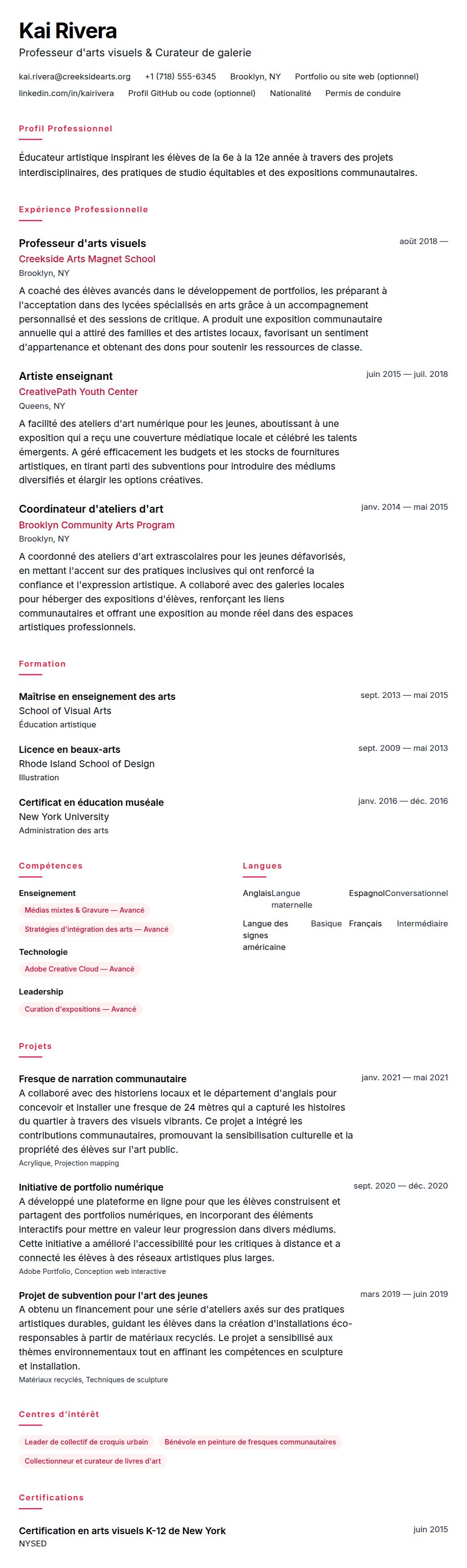 Aperçu du CV Exemple de CV de professeur d'art