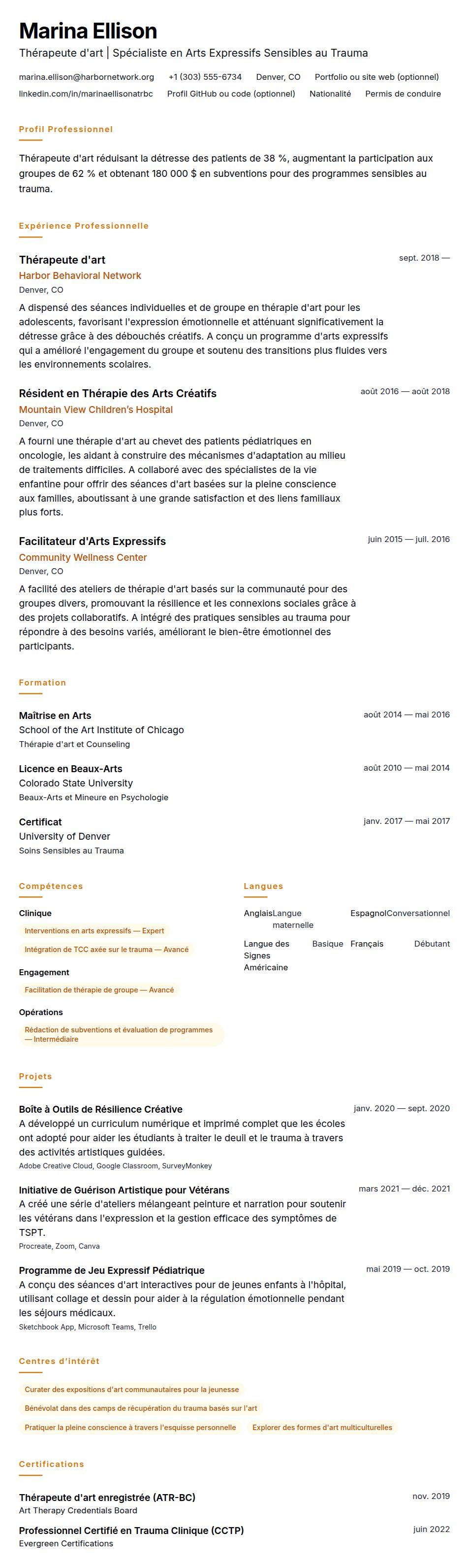 Aperçu du CV Exemple de CV de Thérapeute d'art